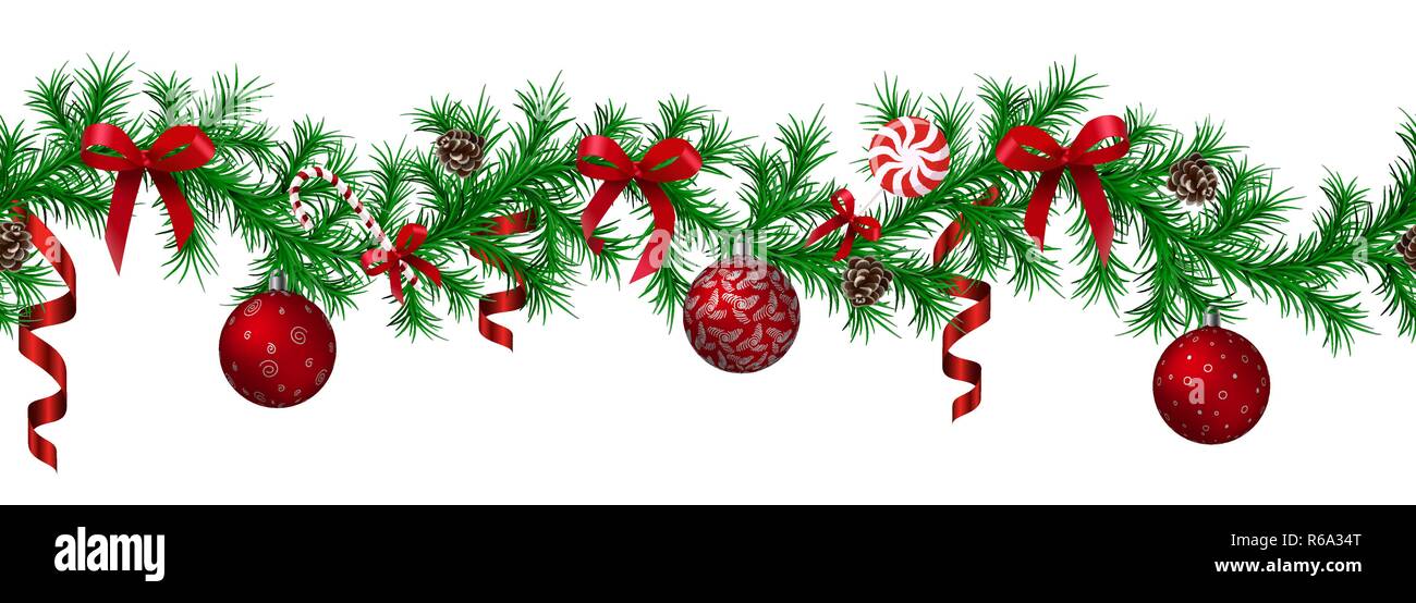 Natale confine fir con appesa una ghirlanda di rami di abete rosso e argento baubles, pigne e altri ornamenti Illustrazione Vettoriale