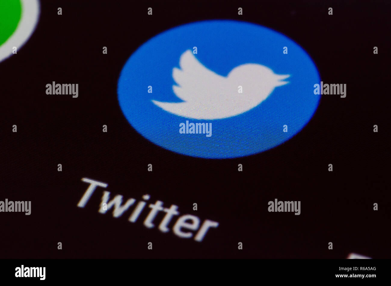 L'app Twitter viene visualizzata sullo smartphone con un dito. Twitter uno dei più grandi siti di social network. App social media. Social network. Elon Musk Foto Stock