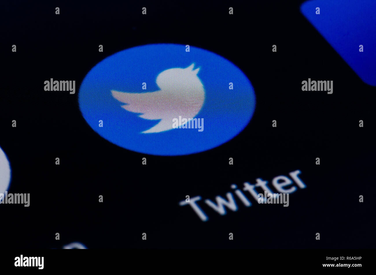 L'app Twitter viene visualizzata sullo smartphone con un dito. Twitter uno dei più grandi siti di social network. App social media. Social network. Elon Musk Foto Stock
