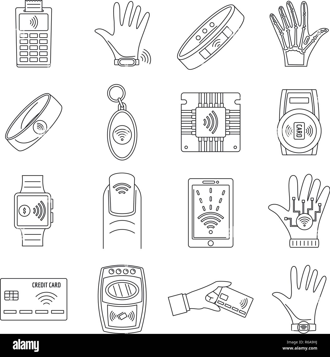 Smart la tecnologia NFC icon set. Set di contorno di smart tecnologia NFC icone vettoriali per il web design isolato su sfondo bianco Illustrazione Vettoriale