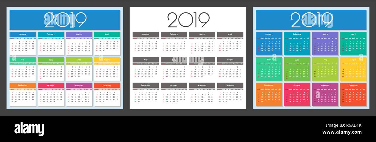 Calendario anno 2019. Insieme colorful. Semplice template vettoriale Illustrazione Vettoriale