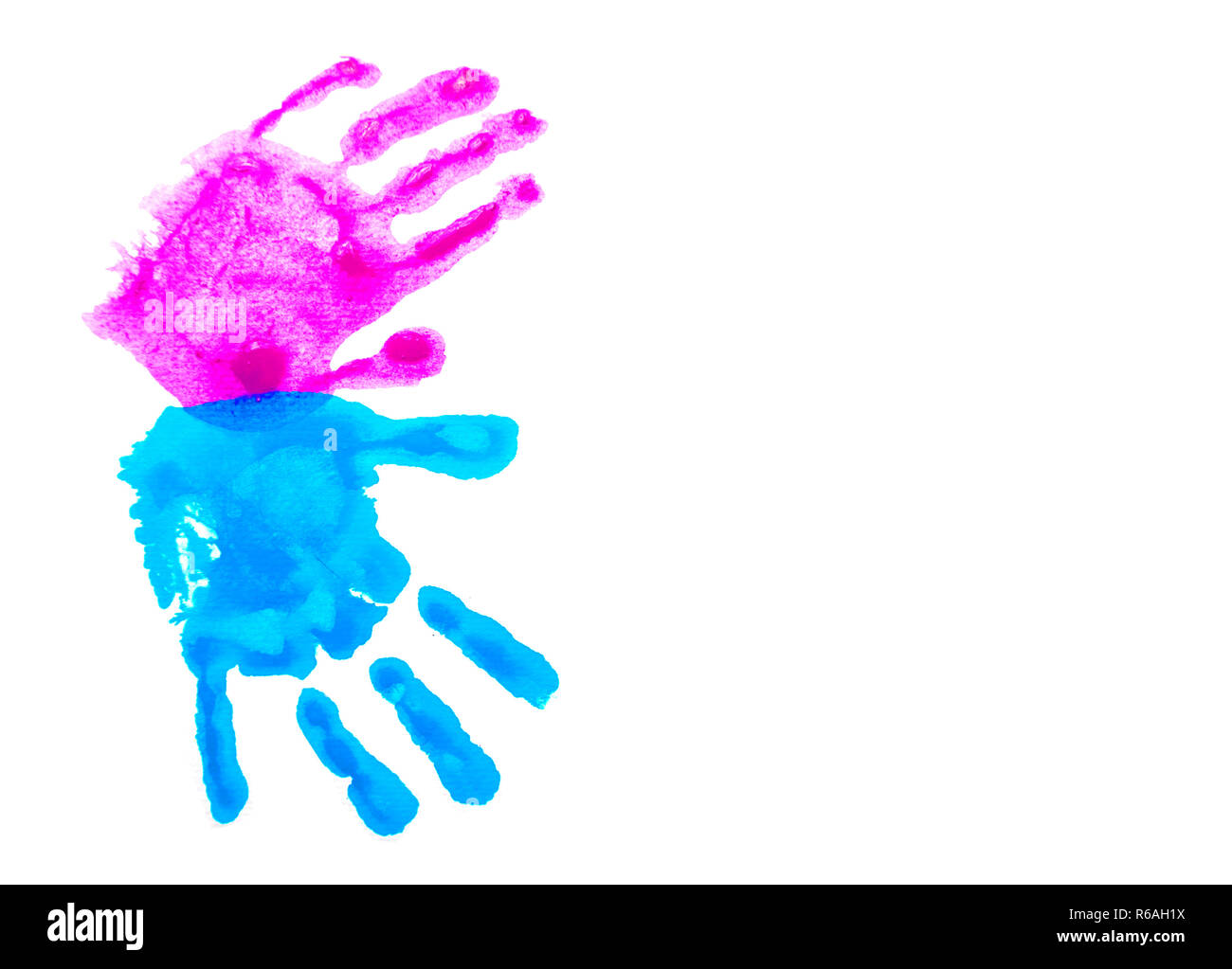 Colorata per bambini handprints isolato su bianco con copia spazio. Mondo autismo consapevolezza giorno concetto. Foto Stock