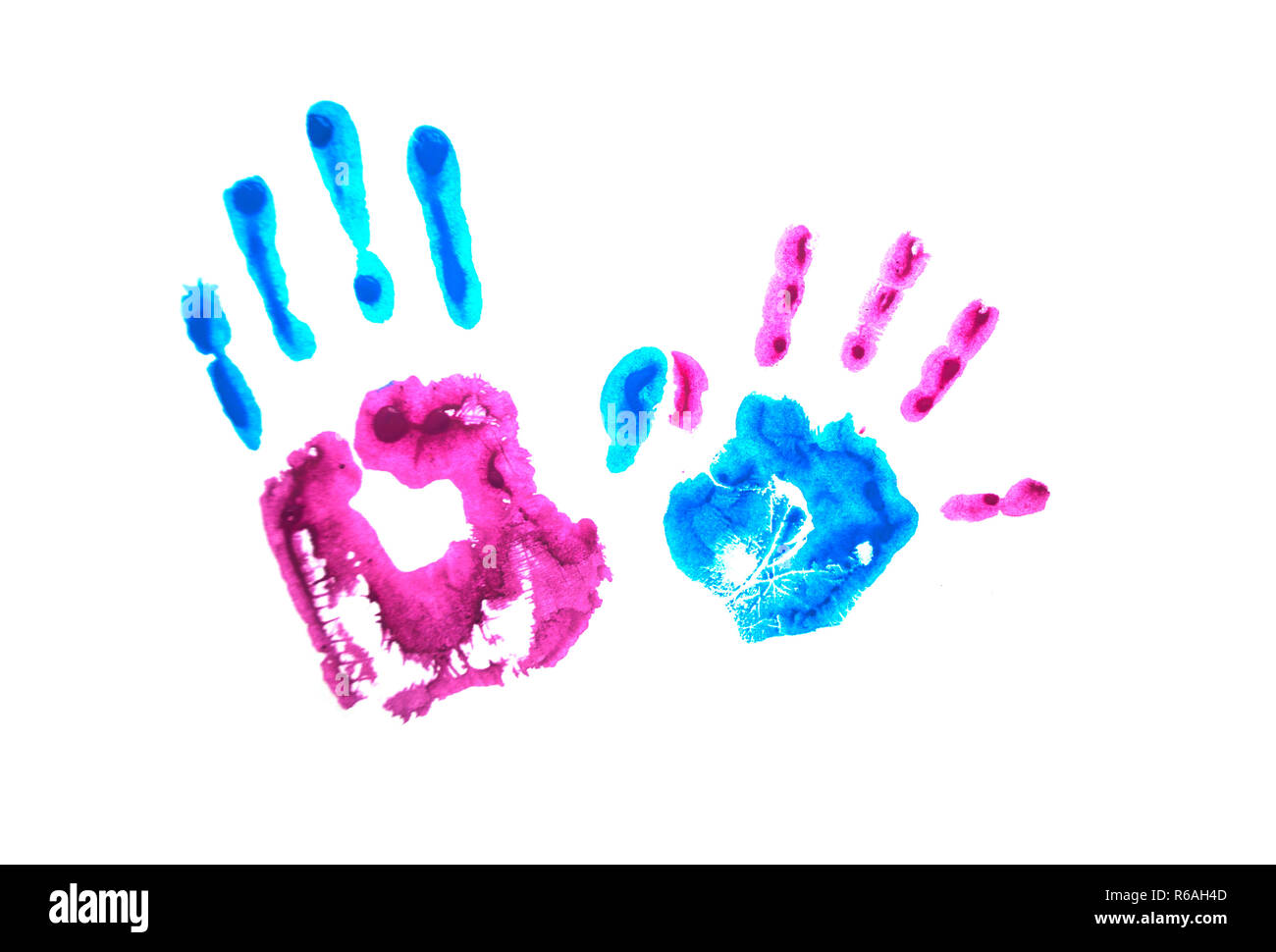 Colorata per bambini handprints isolati su sfondo bianco. Mondo autismo consapevolezza giorno concetto. Foto Stock