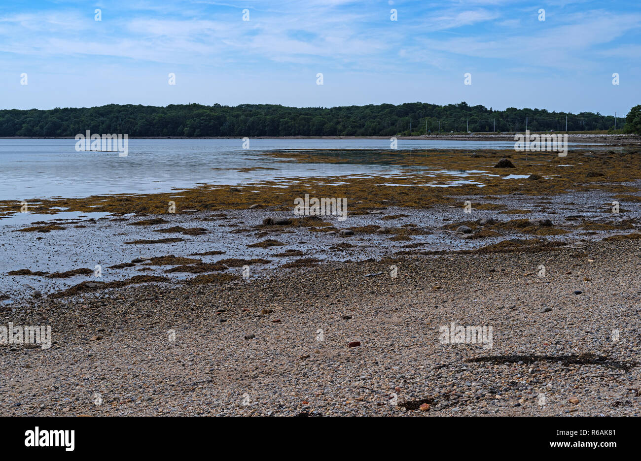 La parte centrale dell isola di Sears in Searsport Maine visto da una distanza con una grande spiaggia di ghiaia a bassa marea in primo piano. Foto Stock