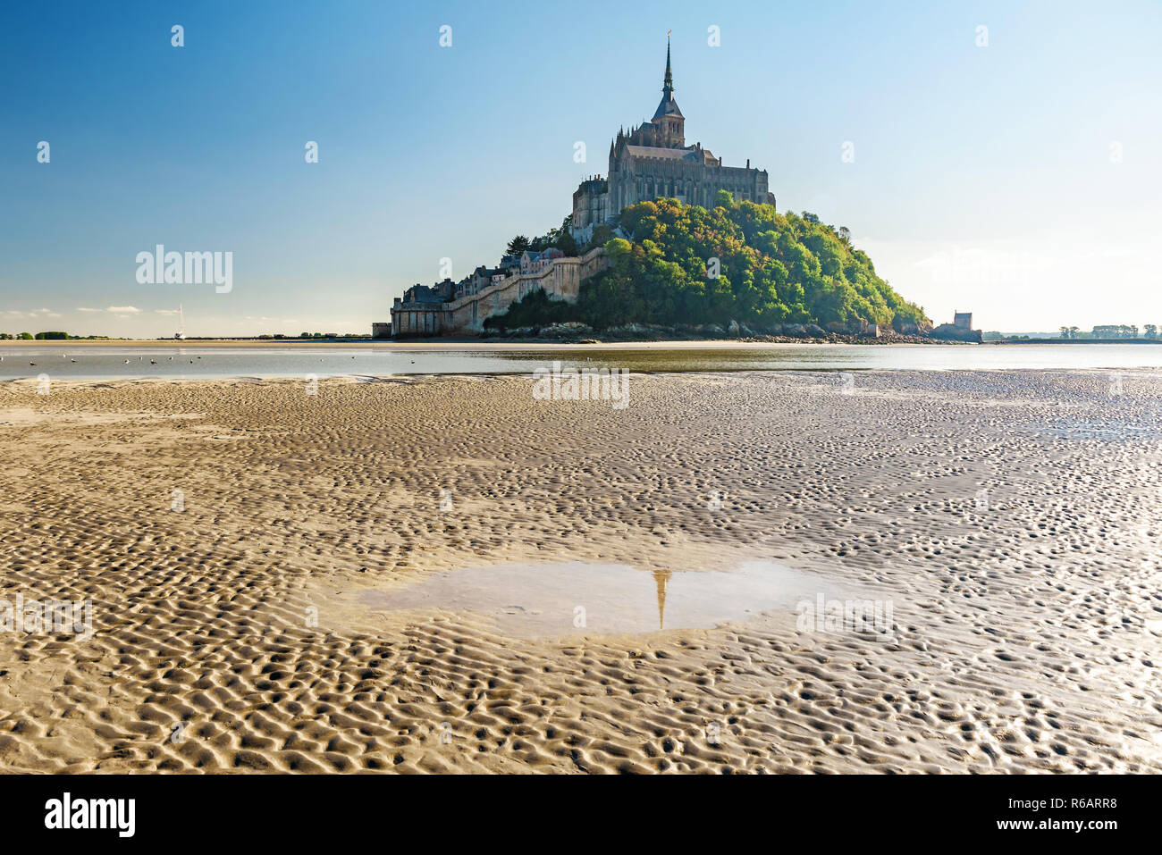 Mont Saint Michel abbey sull'isola a bassa marea, Normandia, Francia del nord Europa nella giornata di sole Foto Stock