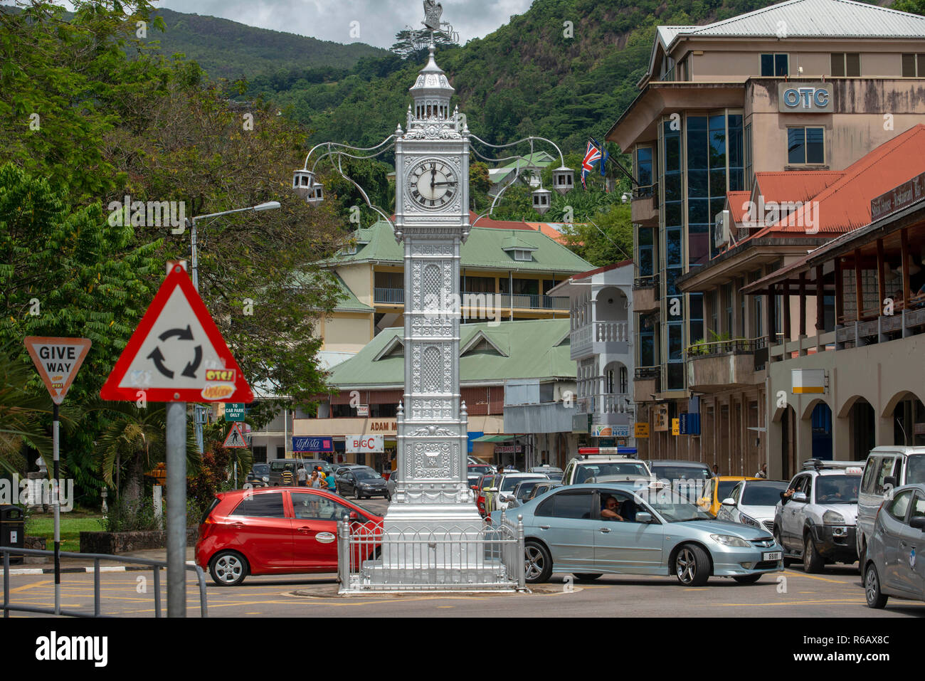 Clock Tower, Victoria, Isola di Mahe, Seychelles, Oceano indiano, Africa Foto Stock