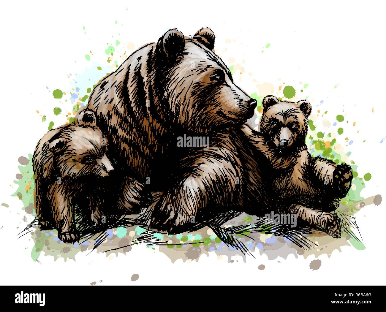 Brown Madre orsa con cuccioli di lei da un tocco di acquerelli Illustrazione Vettoriale