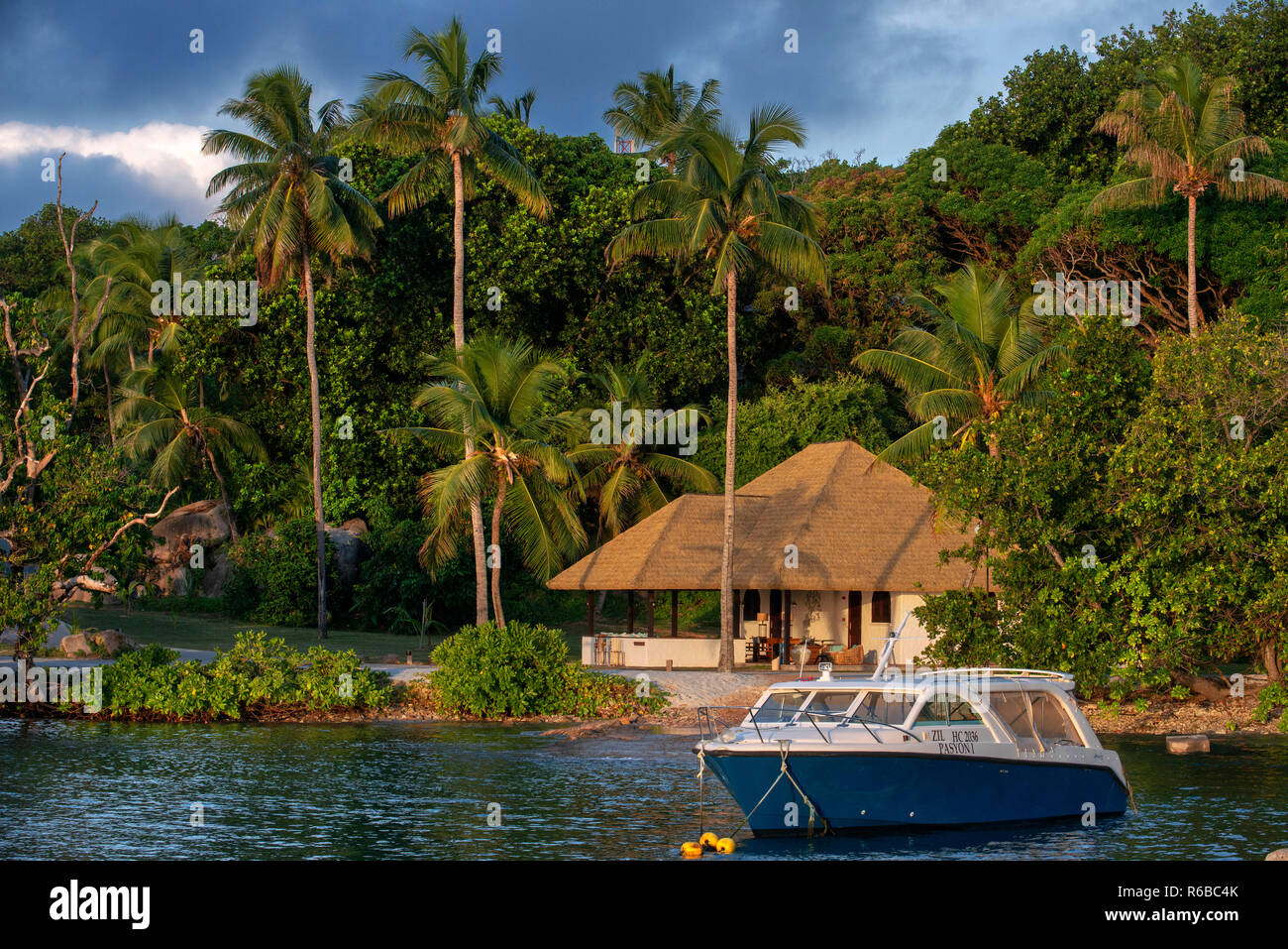 Six Senses Zil Pasyon hotel di lusso. Felicite isola delle Seychelles. Foto Stock