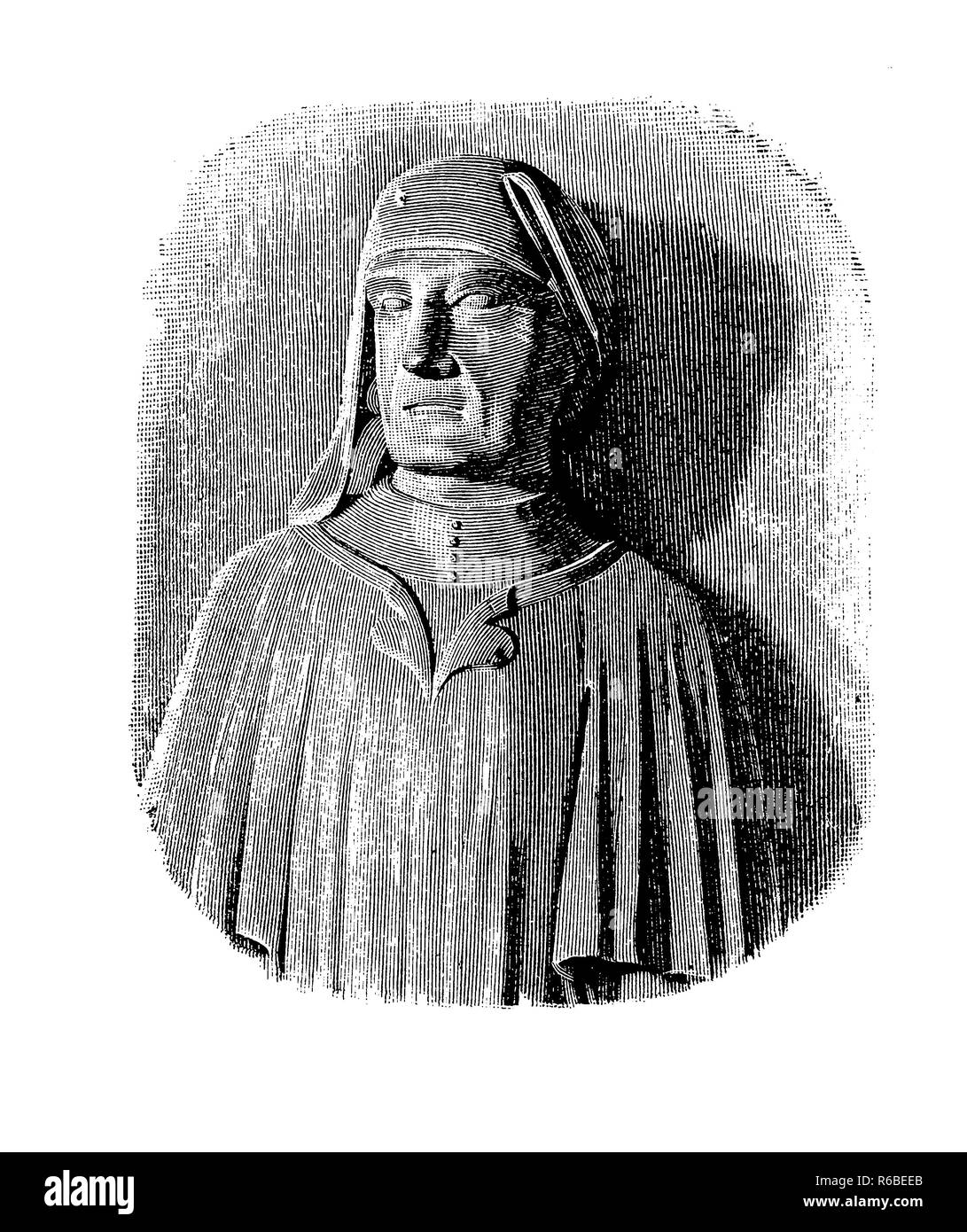 Incisione Vintage ritratto di Cino da Pistoia (1270 - 1336), giurista italiano di importanti lavori legali, poeta e professore di diritto presso le Università di Siena, Firenze, Perugia, Napoli Foto Stock