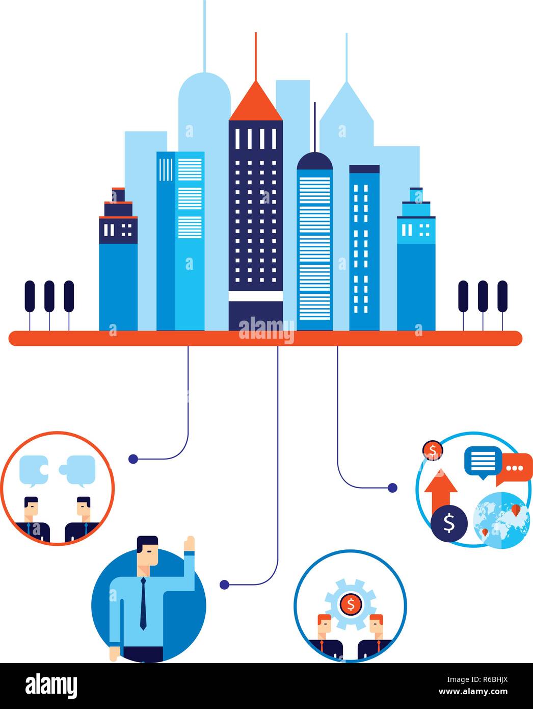 Il lavoro di squadra concetto di partenariato business di successo di persone città social network infografico illustrazione vettoriale Illustrazione Vettoriale