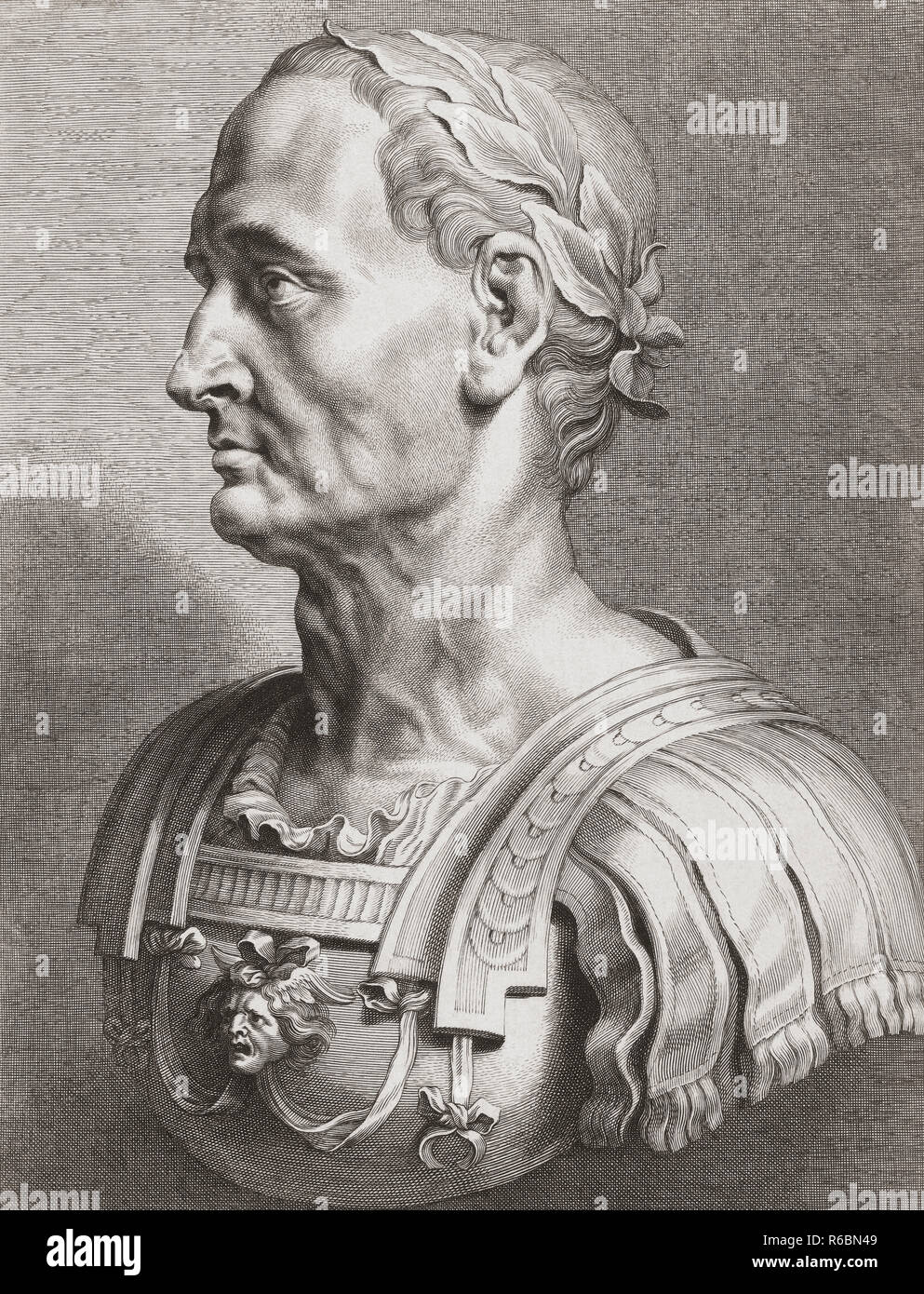 Giulio Cesare, 100 BC - 44 BC. Politican romano e generale. Da un secolo XVII stampare sulla base di un antico busto in marmo. Foto Stock