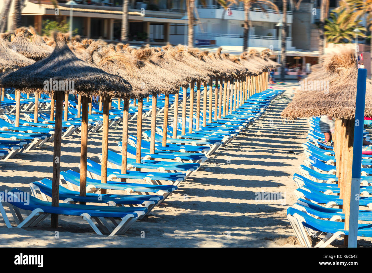 Mare ombrellone e lettini sulla spiaggia Foto Stock