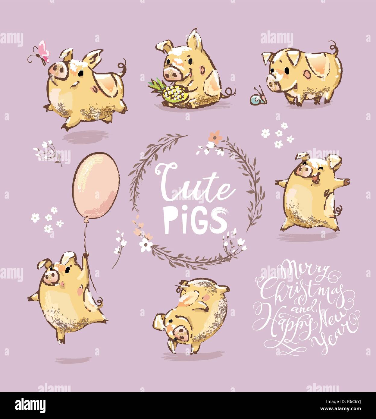 Set di carino piccolo maiale giallo in diverse pose. Salvadanaio di ballo, suino con il palloncino. Anno nuovo simbolo del calendario cinese. L'anno del maiale. Illustrazione Vettoriale