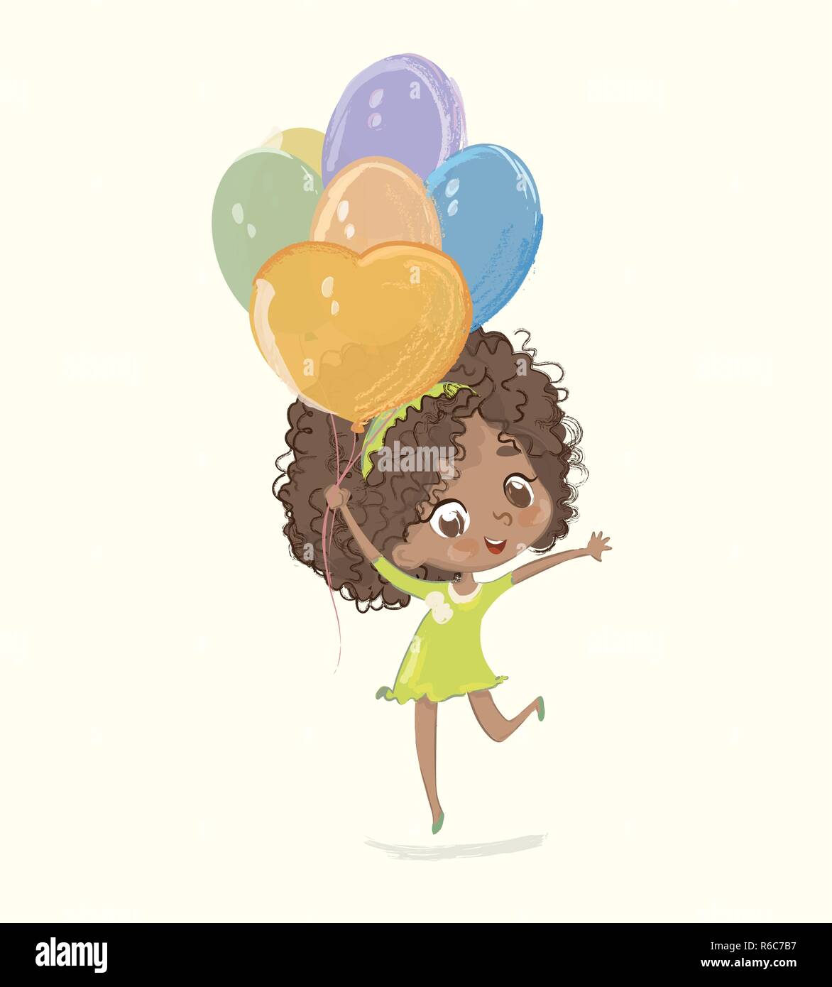 Carino afro-americano di felice ragazza con il palloncino e il compleanno hat indossa vestito blu felicemente salta con le mani alzate. Festa di compleanno di carattere illustrazione vettoriale per sito web banner, poster, flyer, invito Illustrazione Vettoriale