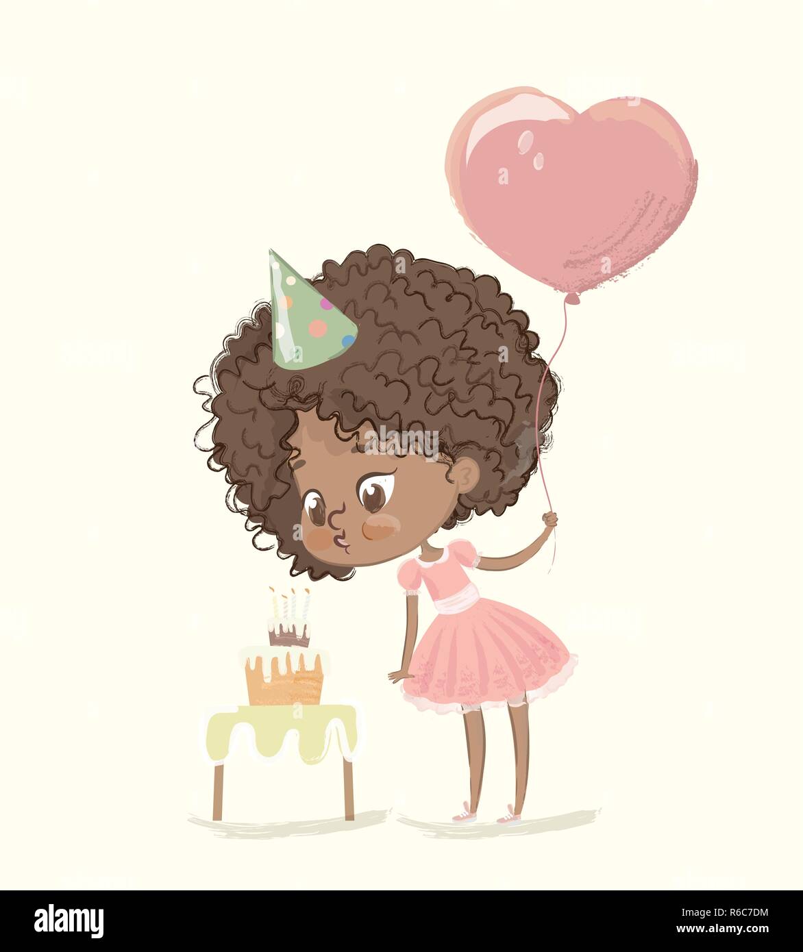 Carino afro-americano di felice ragazza con il palloncino e il compleanno hat indossando abiti rosa che soffia su candele su una torta di compleanno. Festa di compleanno di carattere illustrazione vettoriale per sito web banner, poster, flyer, invito Illustrazione Vettoriale