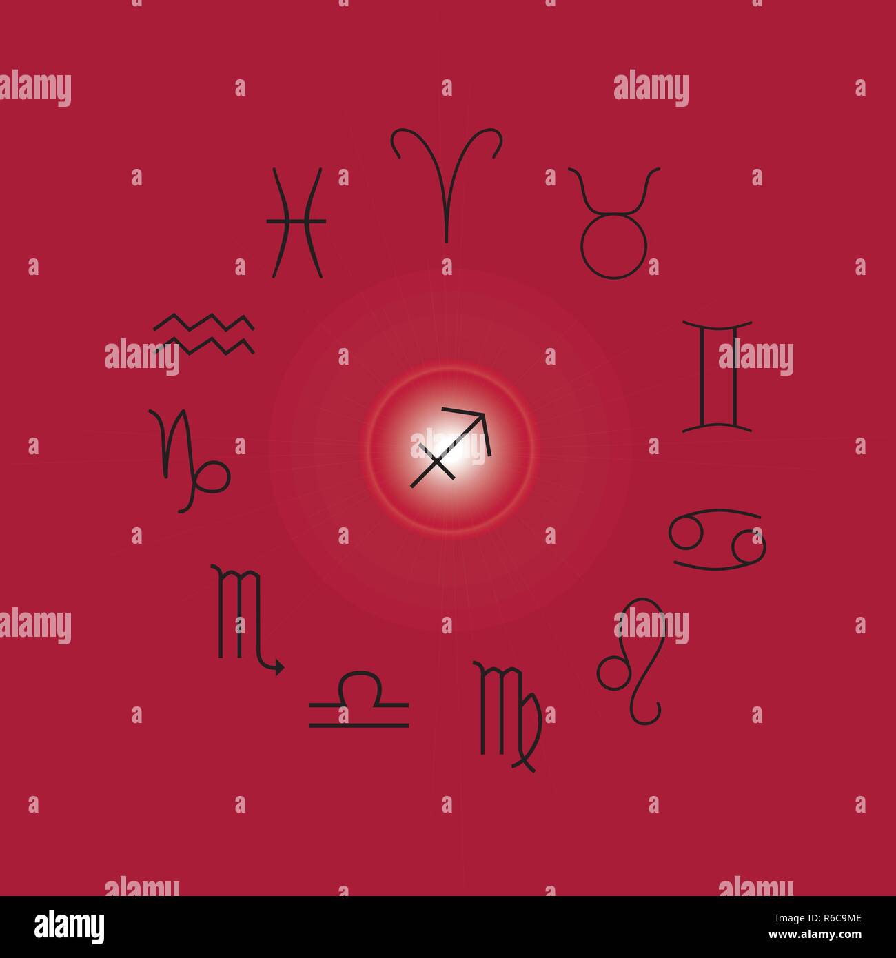 Segni astrologici, simboli di Zodiac, oroscopo, astrologia e segni mistica illustrazione vettoriale su un sfondo magenta Illustrazione Vettoriale