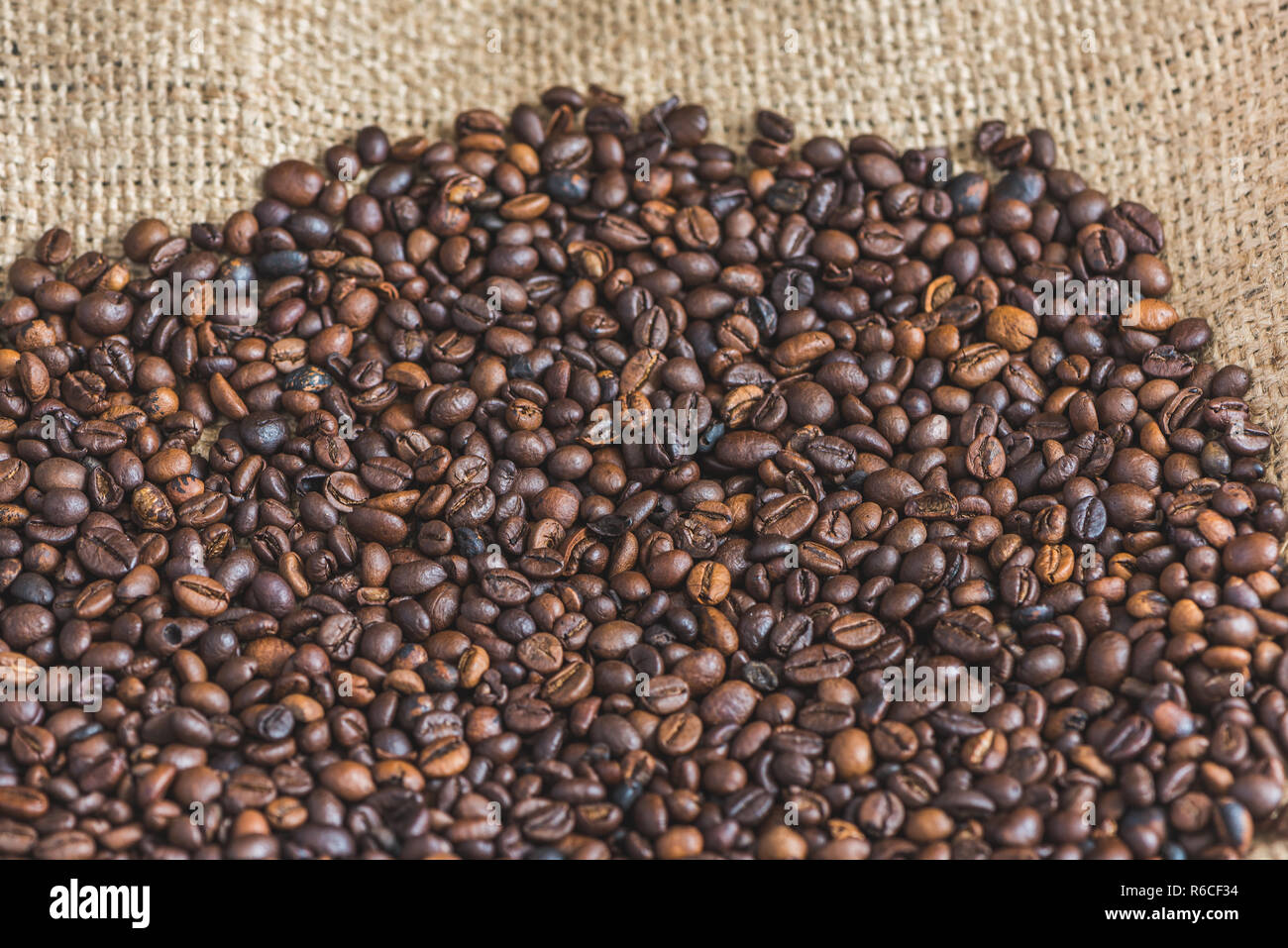 Cumulo di chicchi di caffè tostati su tela Lo sfondo Foto Stock