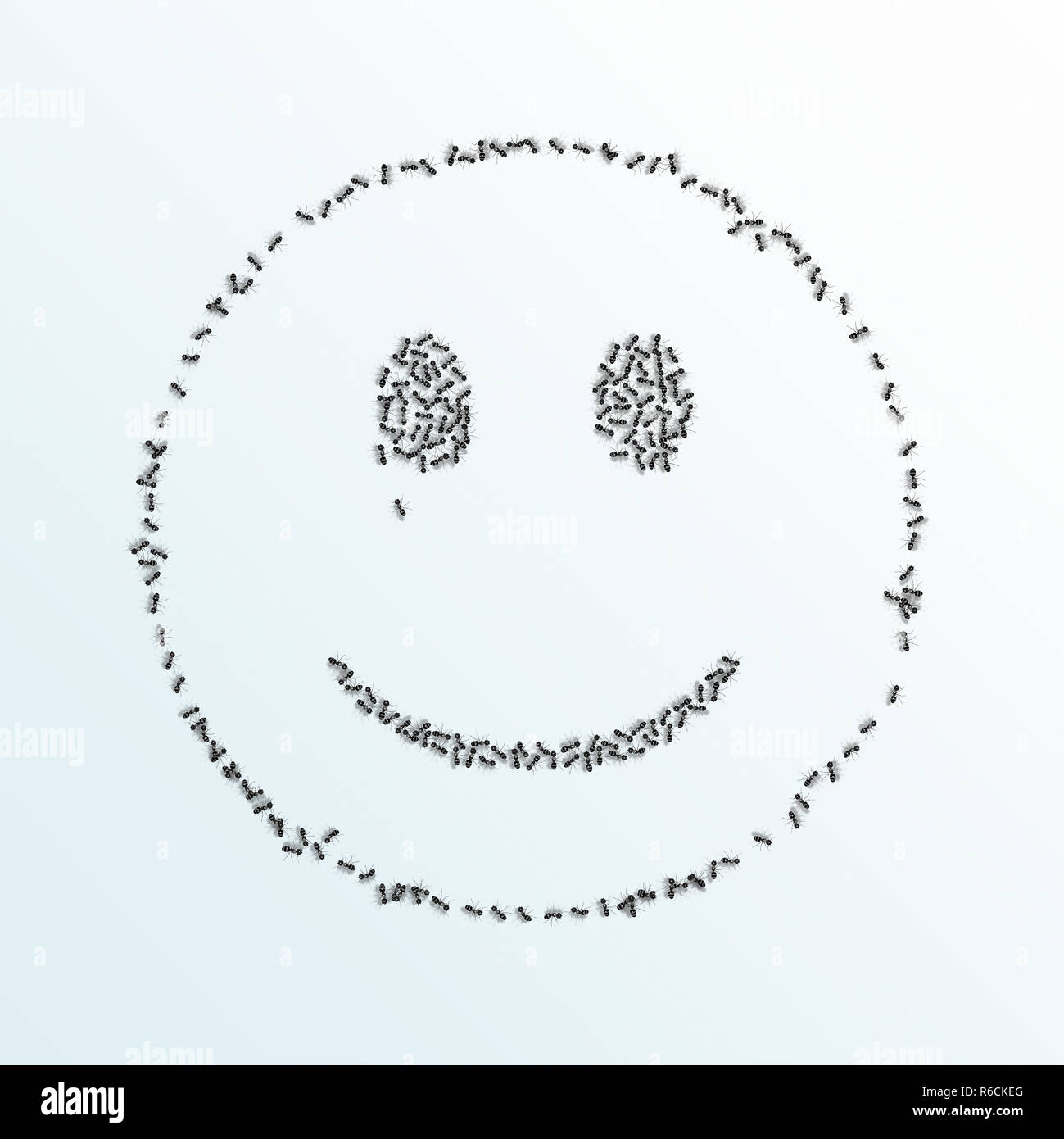 Monocromatico immagine digitale di formiche formando un profilo di una faccina sorridente su sfondo bianco Foto Stock