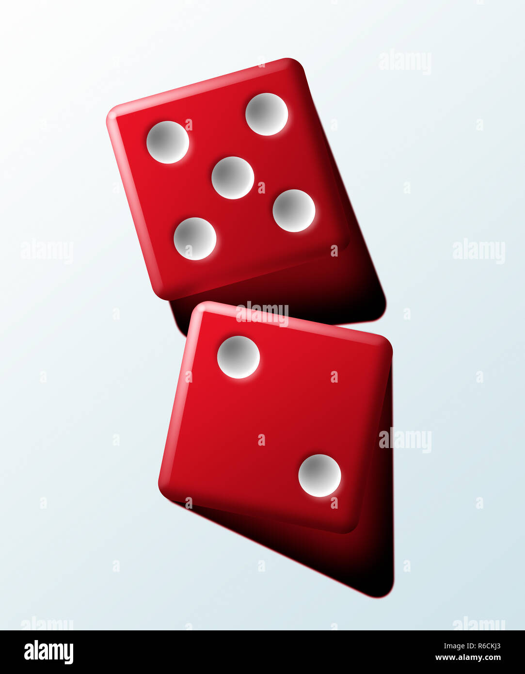 Vista da sopra l'immagine di una coppia di dadi rossi toccando su sfondo bianco Foto Stock