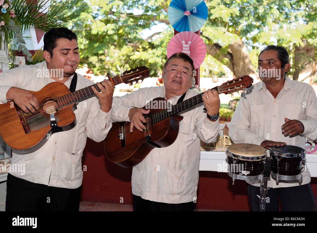 MERIDA, YUC/MESSICO - Nov 13, 2017: un "Trio" o gruppo musicale di tre giocatori, effettuando in corrispondenza di un battesimo partito. Foto Stock