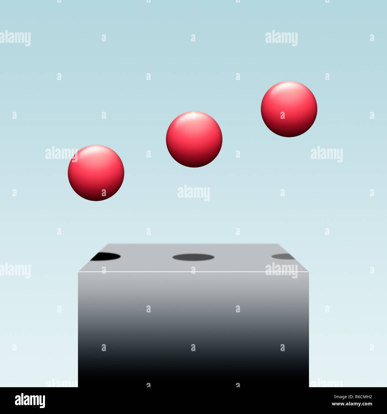 Tre palle rosse sopra solido grigio box, sfondo semplice Foto Stock