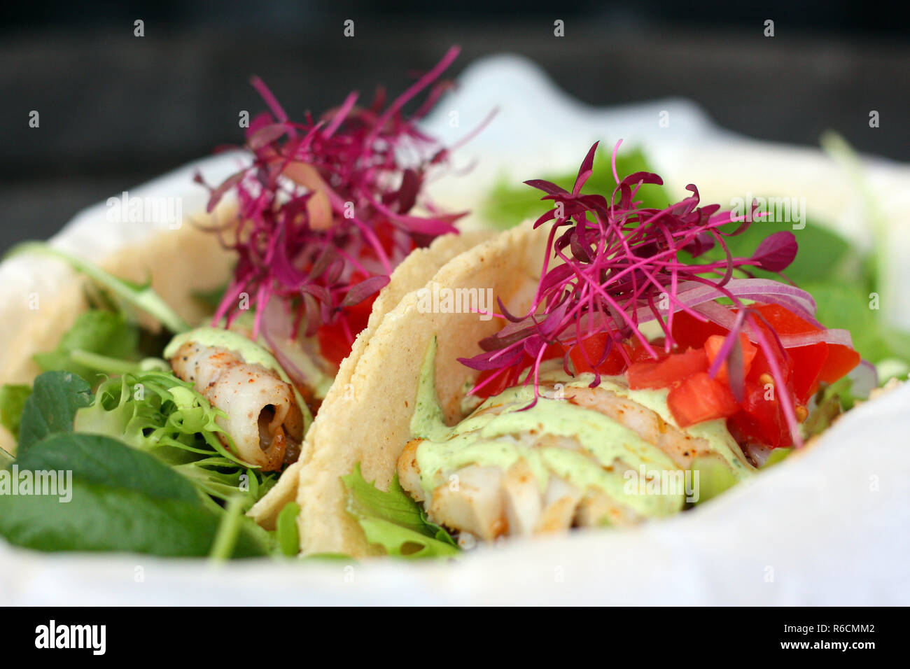 Artigianale di merluzzo nero tacos Foto Stock