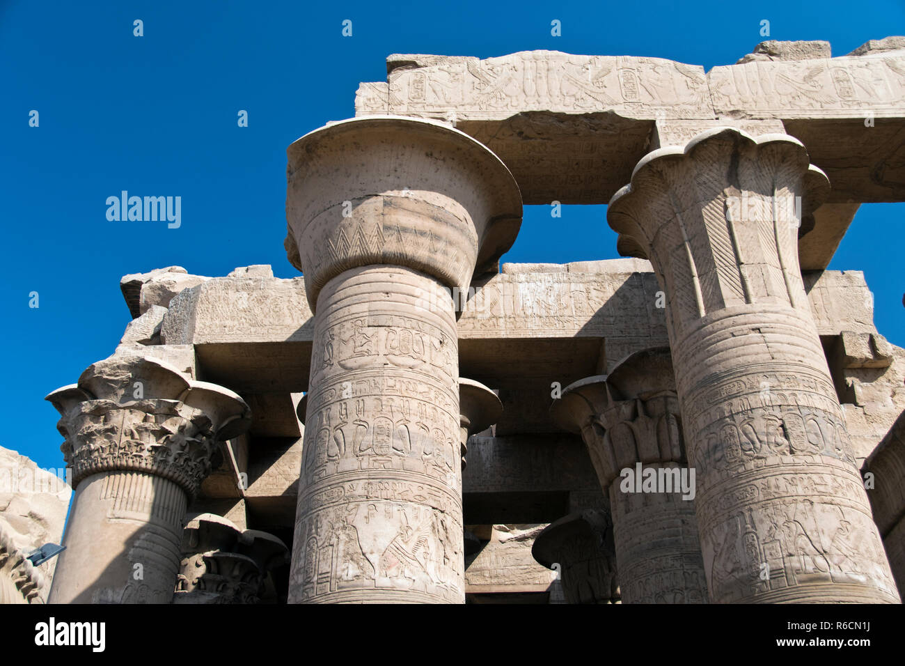 Bassorilievo immagini e geroglifici scolpiti sulle colonne del Tempio di Kom Ombo, un insolito doppio Tempio di Kom Ombo, Governatorato di Aswan, Egitto. Foto Stock
