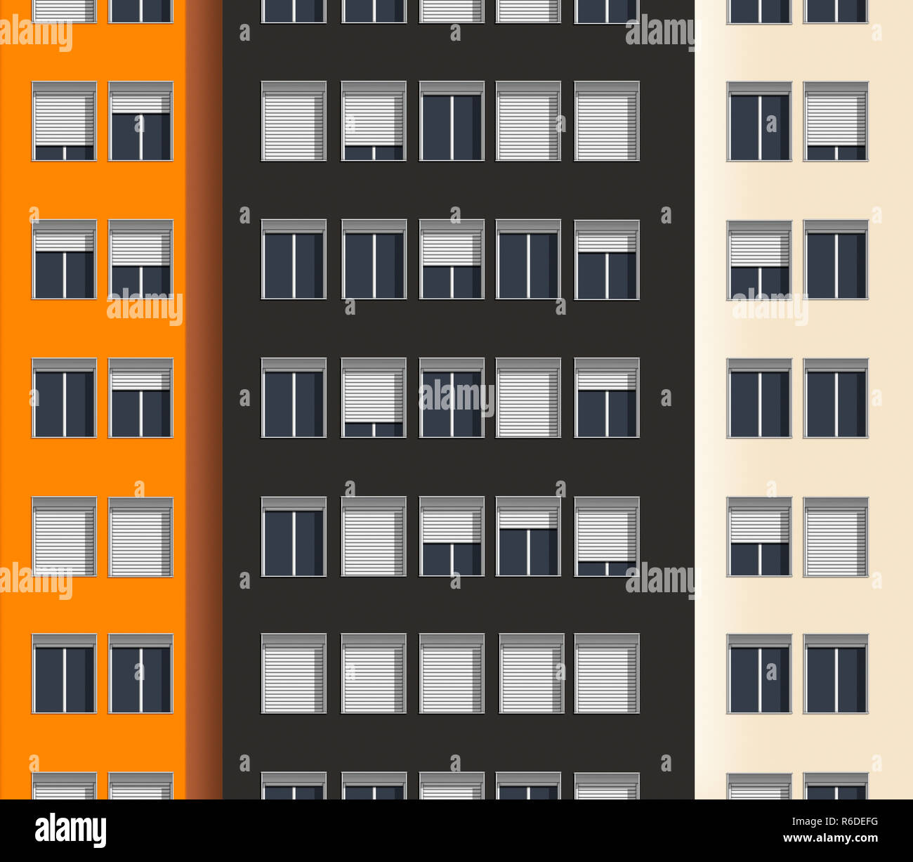 Chiudere l'immagine digitale di city apartment block con persiane in Windows, aprire parzialmente aperto o chiuso Foto Stock