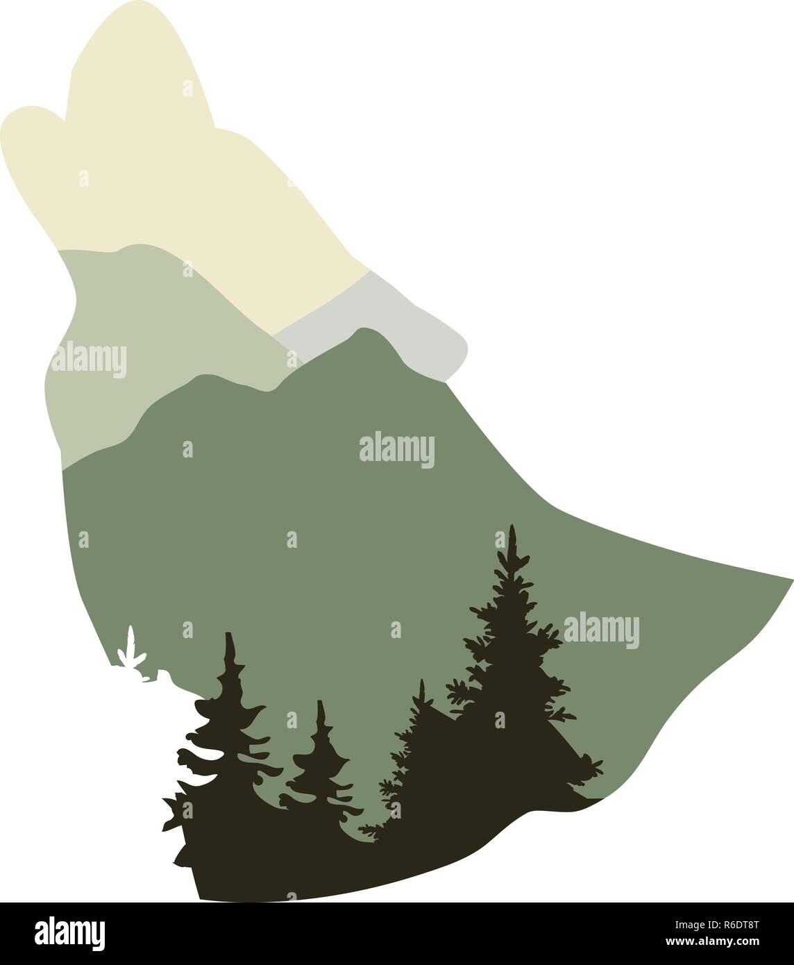 Illustrazione vettoriale di un lupo silhouette animale. foresta, montagna, urlando wolf sfondo. Illustrazione Vettoriale