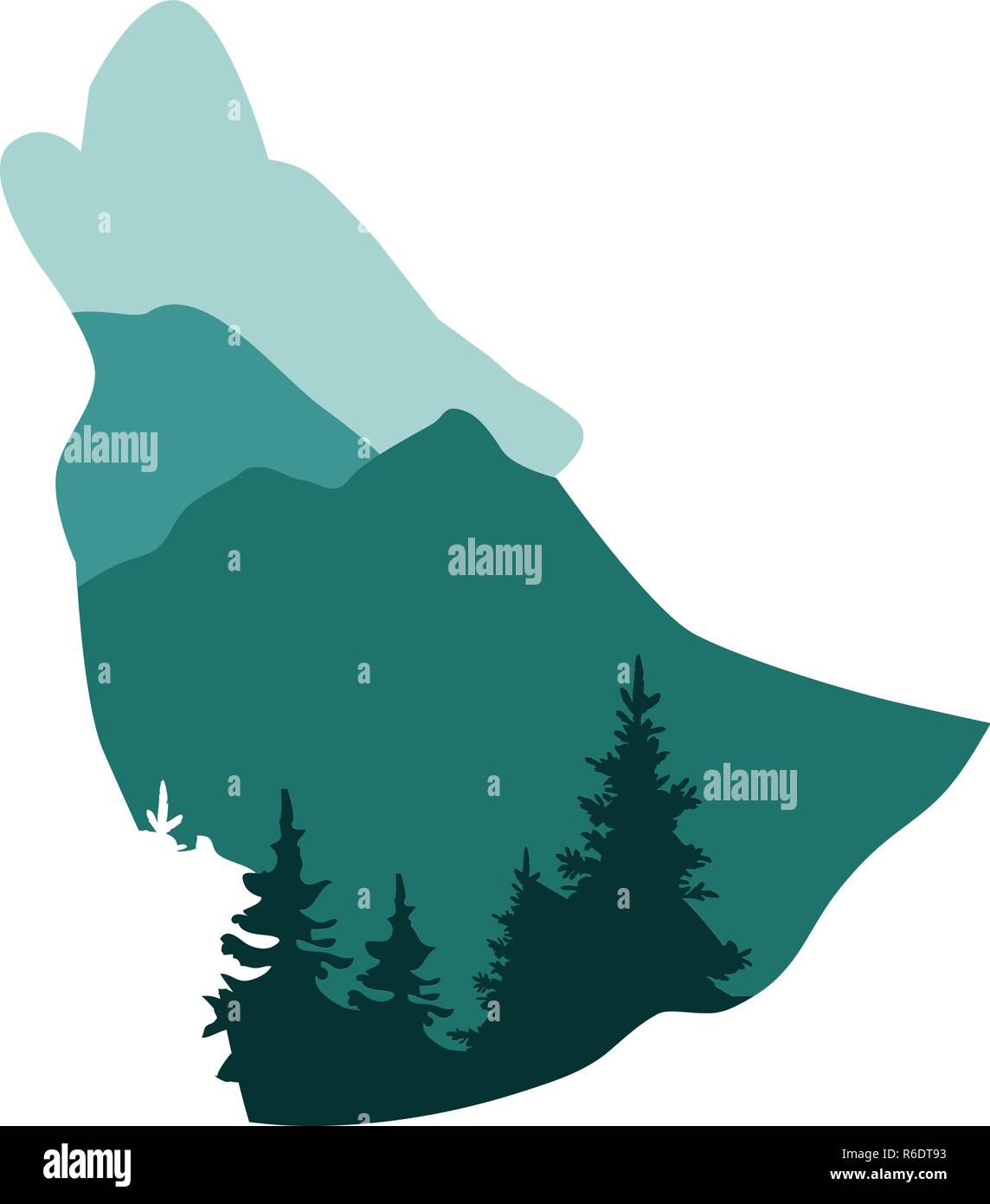 Illustrazione vettoriale di un lupo silhouette animale. foresta, montagna, urlando wolf sfondo. Illustrazione Vettoriale