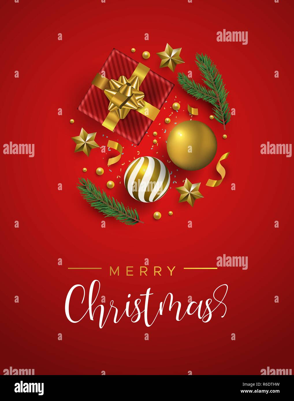 Merry Christmas greeting card. Oro dono realistici elementi scatolari, stelle ninnolo palle e pino foglie su sfondo rosso. Vacanze di lusso illus layout Illustrazione Vettoriale