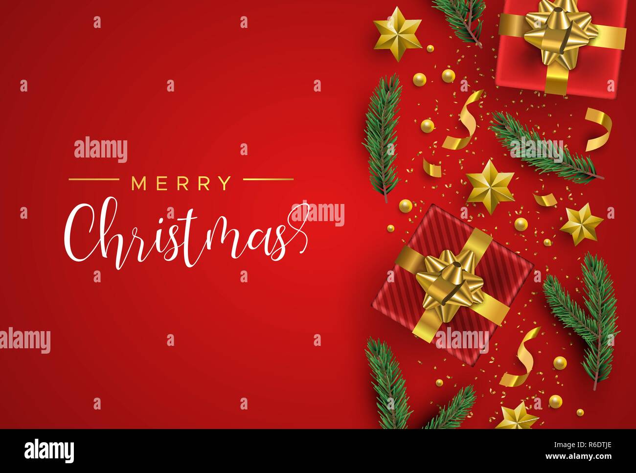 Merry Christmas Season greeting card. Oro dono realistico di elementi scatolari, stelle, coriandoli e pino foglie su sfondo rosso. Vacanze di lusso il layout Illustrazione Vettoriale