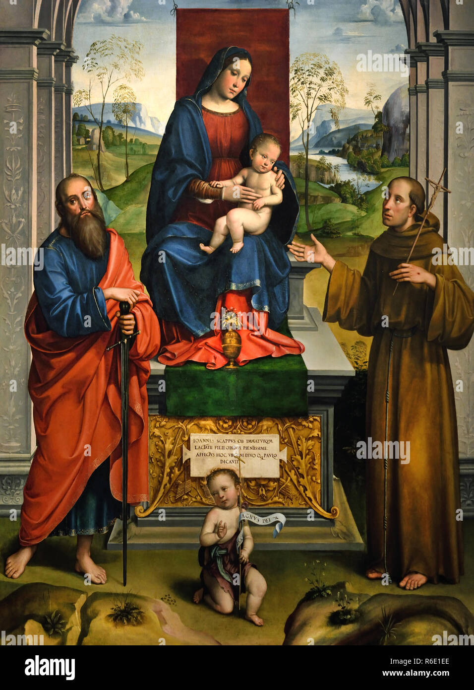 Madonna in trono col Bambino tra i Santi Giorgio e Giovanni Battista, Agostino, Stefano e un angelo. (Pala dei Manzuoli) da Francesco Raibolini detto ( Francia ) 1447 -1517 15-16secolo, Italia, italiano. Foto Stock