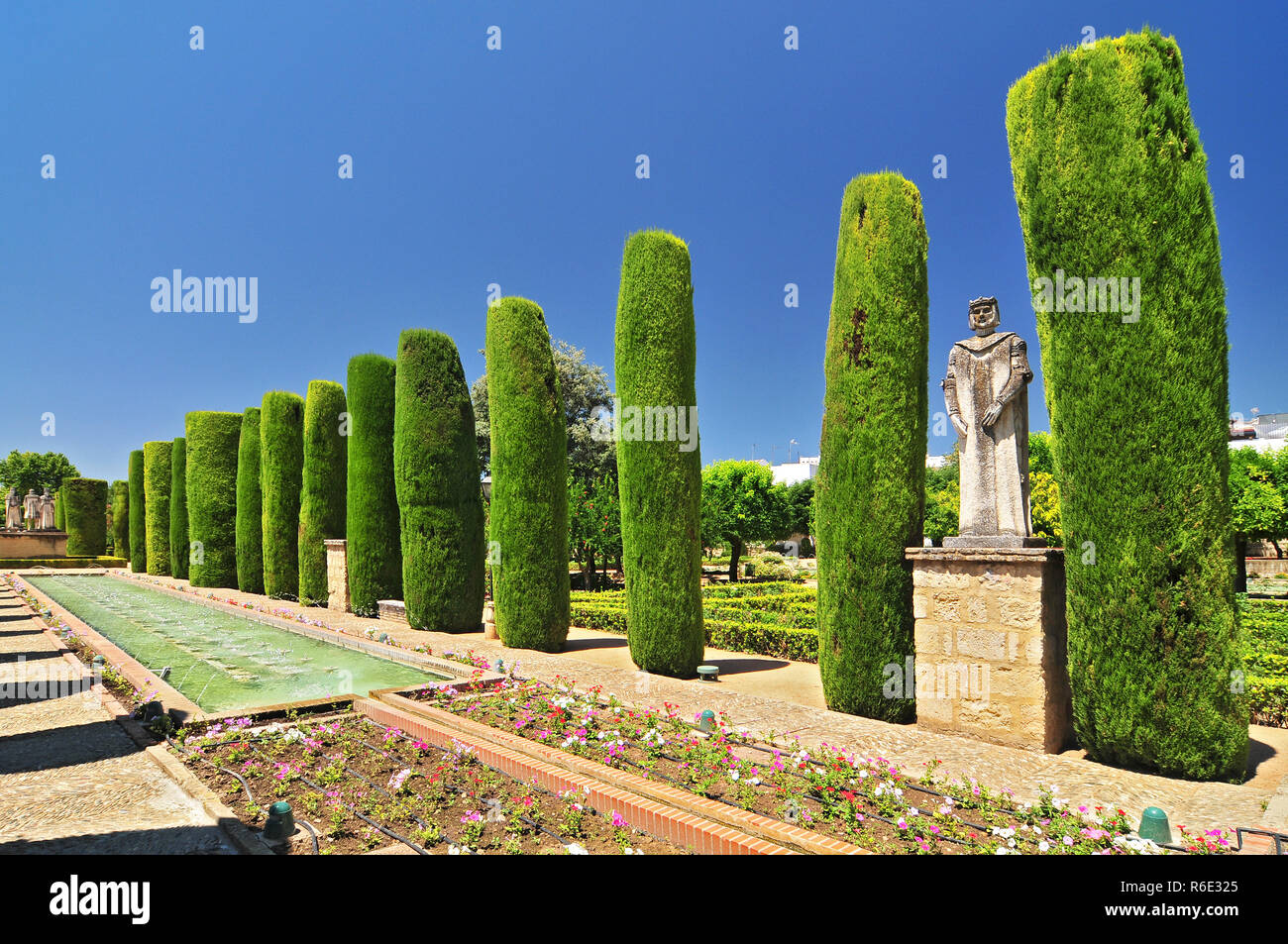 Il dolore di Cordoba Andalusia Alcazar dei Re Cristiani Cypress Alley e vasche nei giardini, Spagna Foto Stock