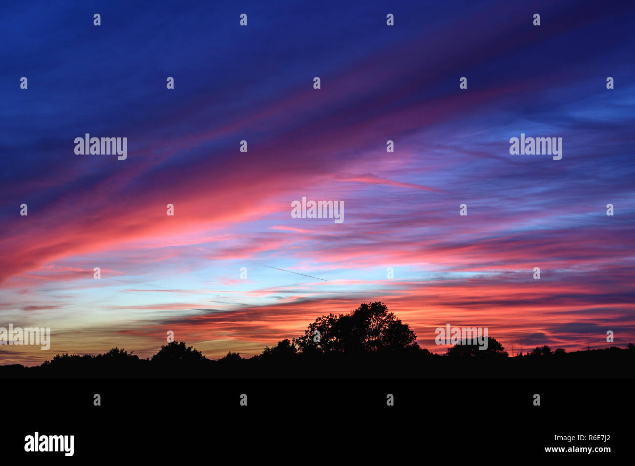 Blaue Stunde nach Sonnenuntergang blau roter Himmel über Bäumen Foto Stock