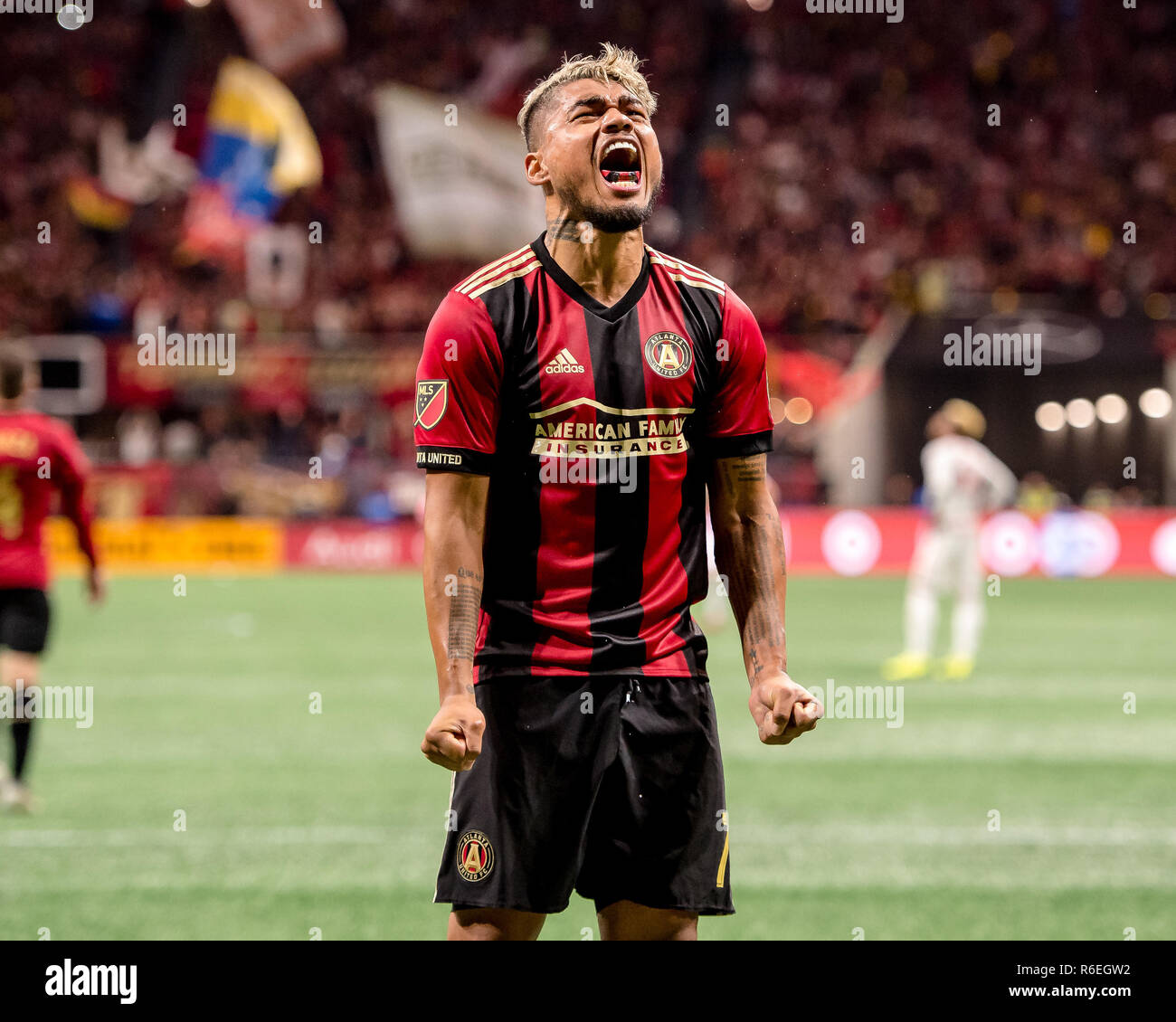 Atlanta regno avanti, Josef Martinez (7), celebra dopo un goal durante il 2018 MLS playoff contro i New York Red Bulls Foto Stock