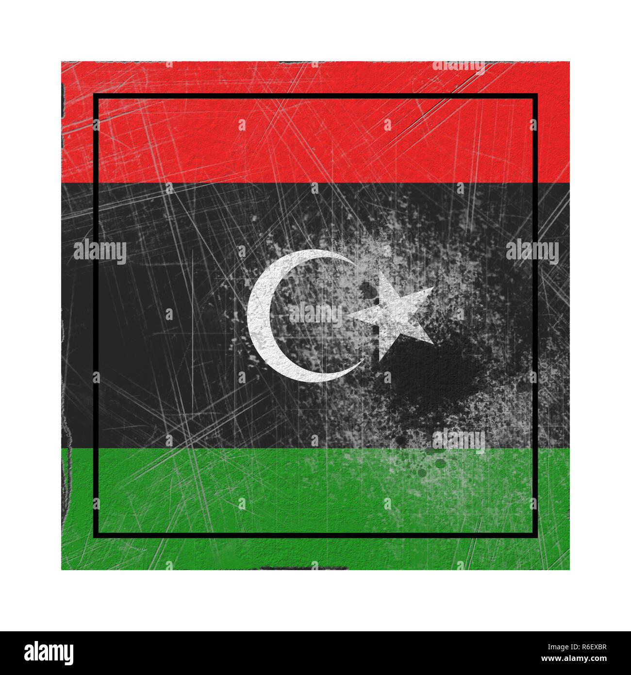 3D rendering di una vecchia bandiera della Libia in un quadrato di cemento Foto Stock
