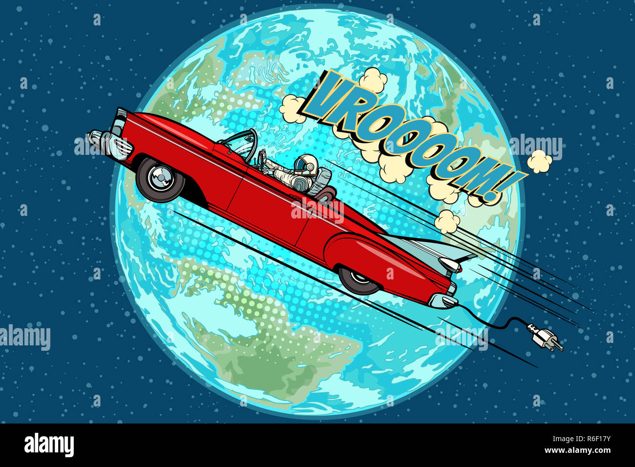 Astronauta in un auto elettrica oltre il pianeta Terra Foto Stock