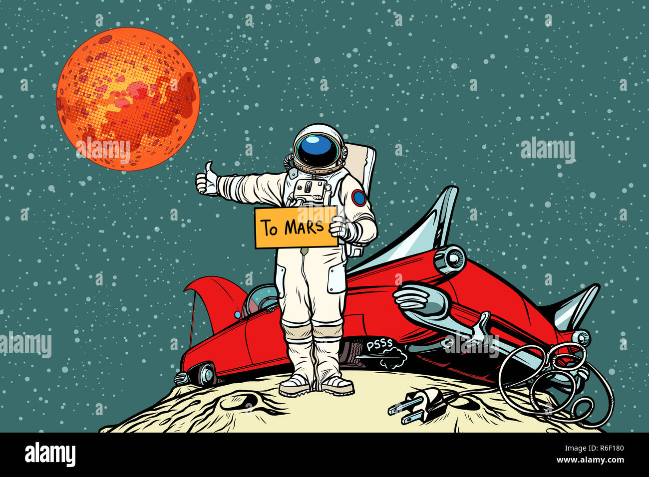 La strada verso Marte. auto si è rotta nello spazio, astronauta hitchhiker Foto Stock