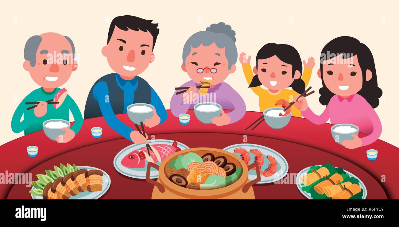 Reunion tradizionale cena con la famiglia in un grazioso stile piatto, deliziosi piatti sul LAZY SUSAN Illustrazione Vettoriale
