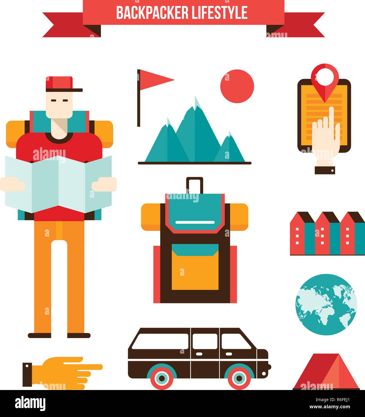 Turismo e Viaggi insieme di piatti moderni elementi di design illustrazione vettoriale Illustrazione Vettoriale