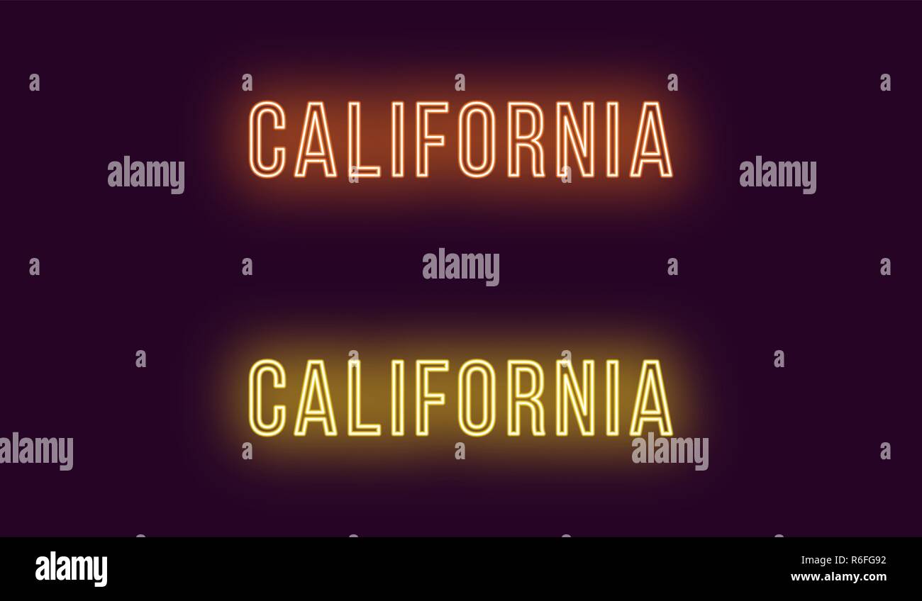 Nome Neon di stato della California negli Stati Uniti. Testo Vettoriale della California, iscrizione al neon con retroilluminazione in stile sottile, arancione e colori di giallo. Glo isolato Illustrazione Vettoriale