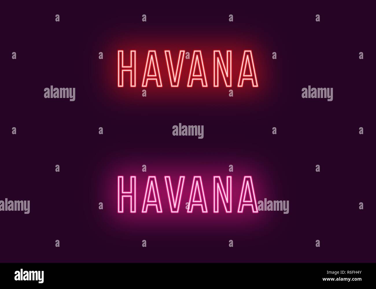 Nome Neon di Havana city in Cuba. Testo Vettoriale di l'Avana, iscrizione al neon con retroilluminazione in stile sottile, rosso e rosa di colori. Isolato incandescente titolo fo Illustrazione Vettoriale