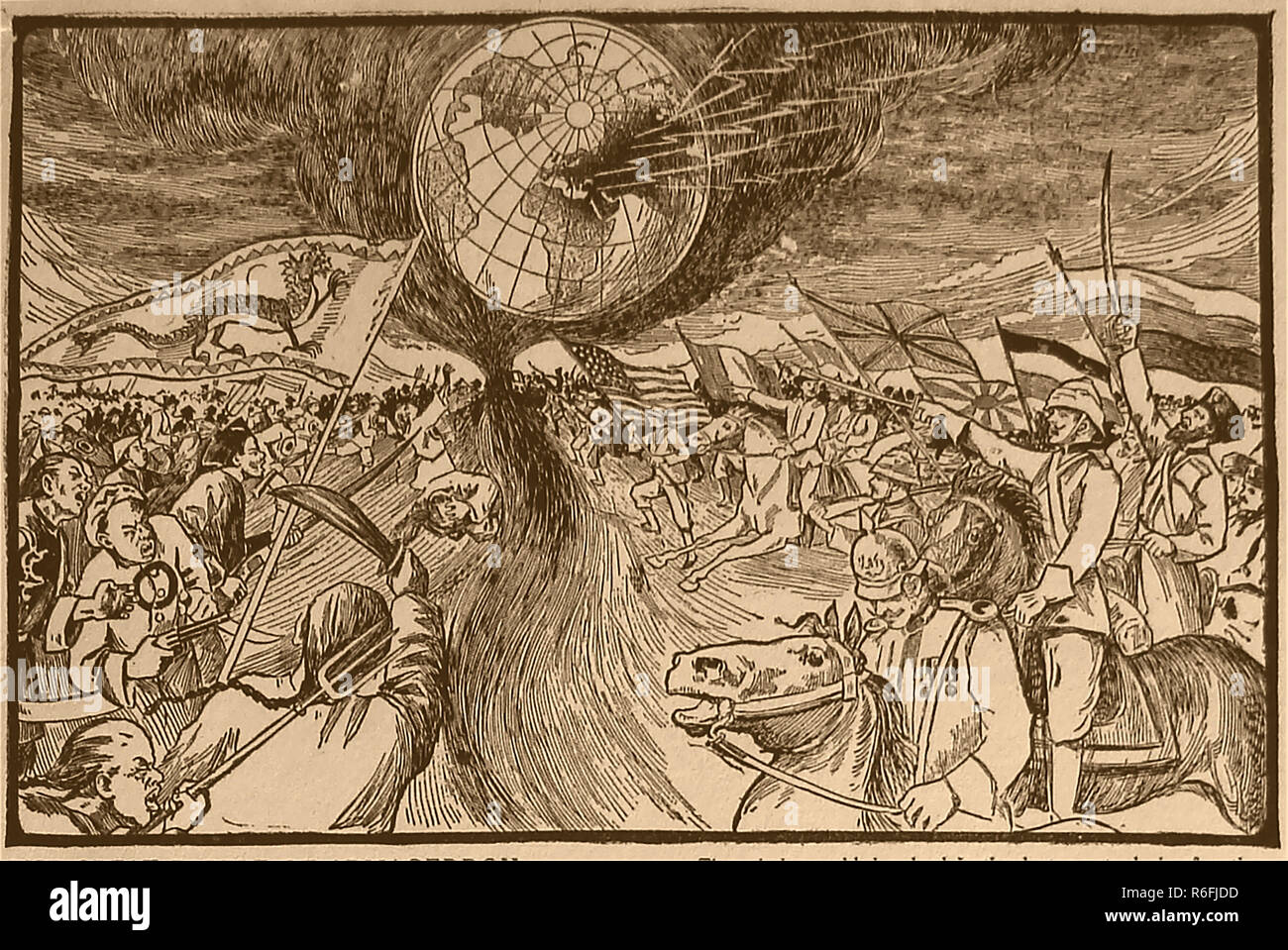 Un 1910 illustrazione che mostra una vista predittivo della grande battaglia di Armageddon con riferimento al passaggio nella Bibbia Cristiana (rivelazioni 16:16) Foto Stock