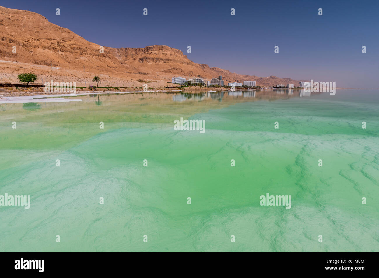 Mar Morto litorale con sale bianco e le montagne di Ein Bokek, Israele Foto Stock
