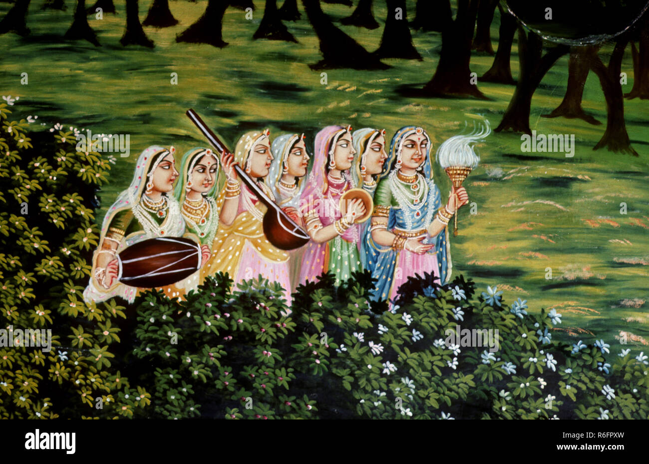Pittura murale a Radha tempio, Barsana, Uttar Pradesh, India Foto Stock