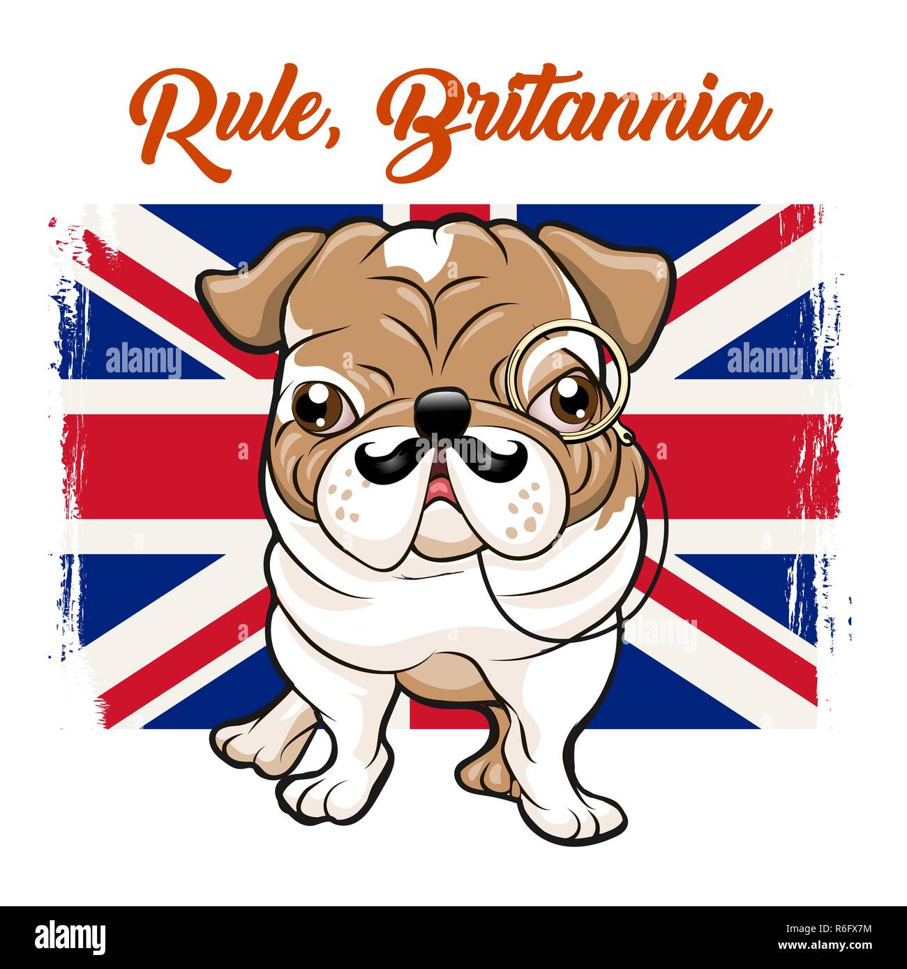Funny Bulldog inglese con mustaches e monokle sulla Gran Bretagna bandiera e slogan regola Britannia. illustrazione vettoriale. Illustrazione Vettoriale