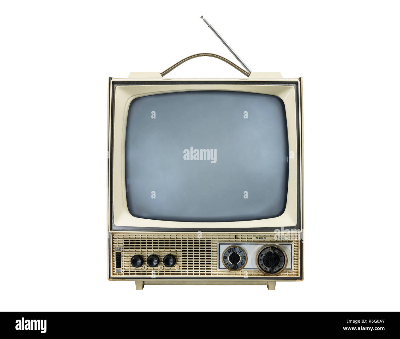Grungy vintage televisore portatile isolato su bianco con disattivata sullo schermo. Foto Stock