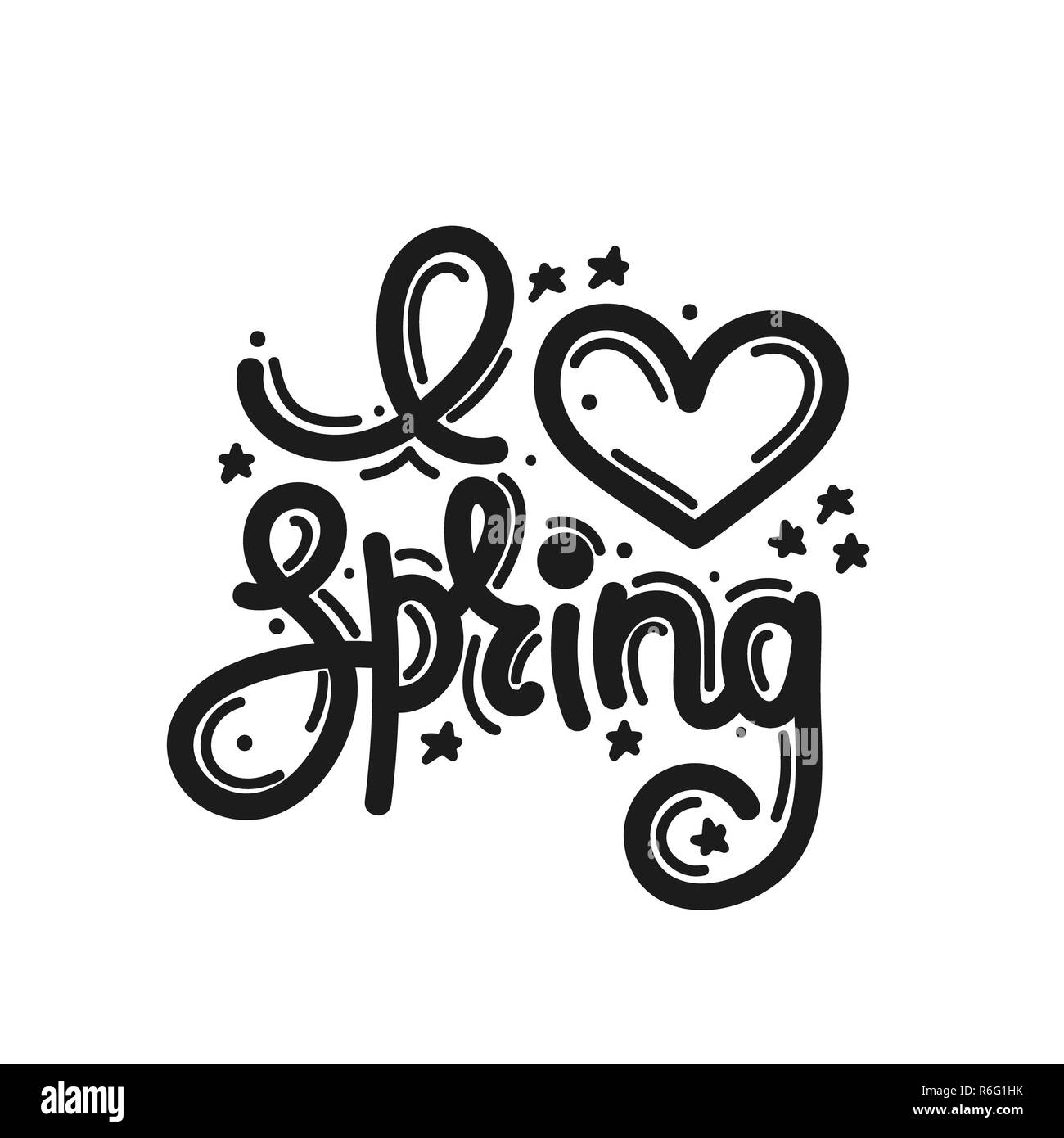 Io amo la molla. Carino creativo disegnato a mano scritte. Lo stile di Freehand. Scarabocchio. Lettere con ornamento. Primavera Foto Stock