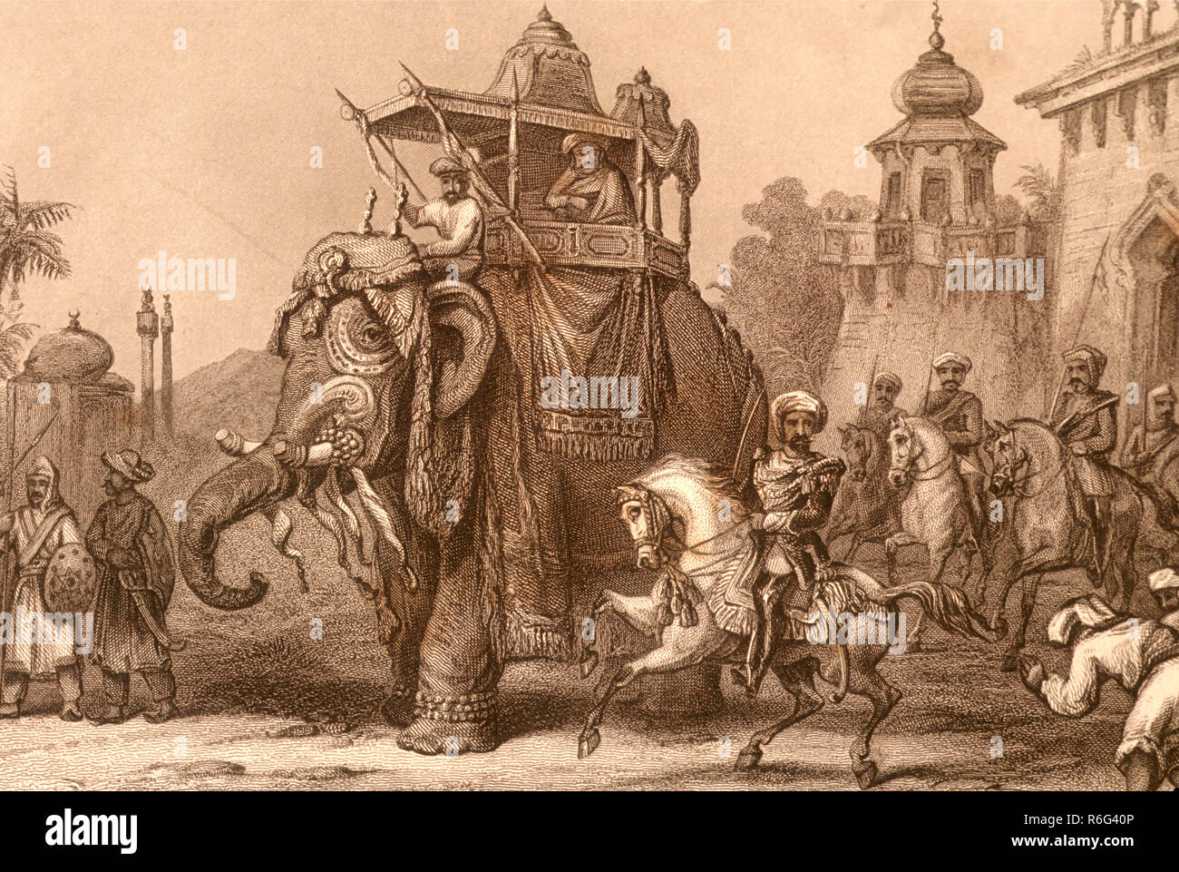 Re seduto in processione di elefante con cavalli, Lucknow, Utttar Pradesh, India, Asia, Litografia indiana, asiatica, vecchia annata 1800s Foto Stock